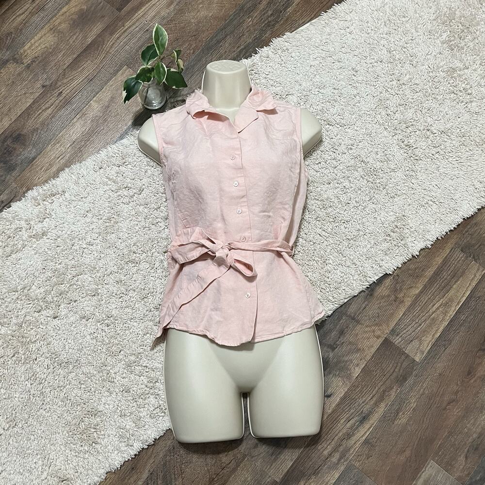 Ann Taylor Pink Sleeveless Button-Down Tie-Waist Shirt